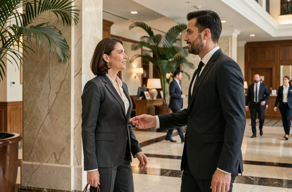 Femme élégante échangeant un regard complice et discret avec un inconnu dans le hall d'un grand hôtel luxueux