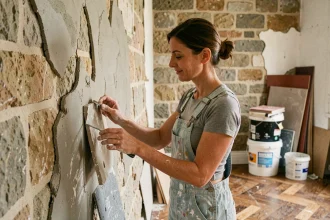 Femme rénovant un mur en plâtre dans un appartement ancien parisien avec matériaux de chantier visibles