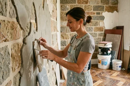 Femme rénovant un mur en plâtre dans un appartement ancien parisien avec matériaux de chantier visibles