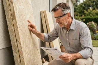 Architecte inspectant l'isolation thermique par l'extérieur d'une maison lors de travaux de rénovation énergétique