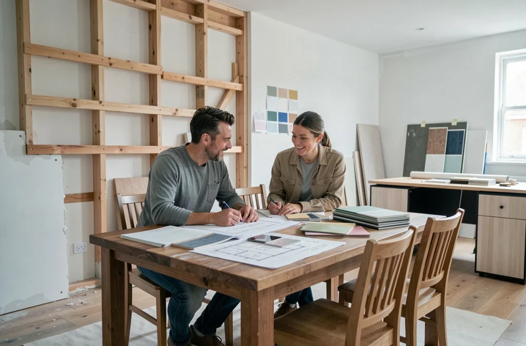 Couple en réunion avec un designer d'intérieur pour réaménager leur salle à manger en espace de télétravail fonctionnel