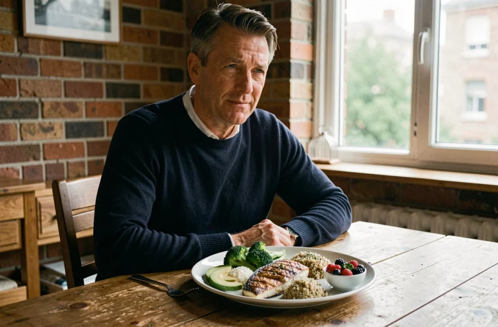 Homme dégustant un repas équilibré riche en protéines, légumes et superaliments pour renforcer le système immunitaire