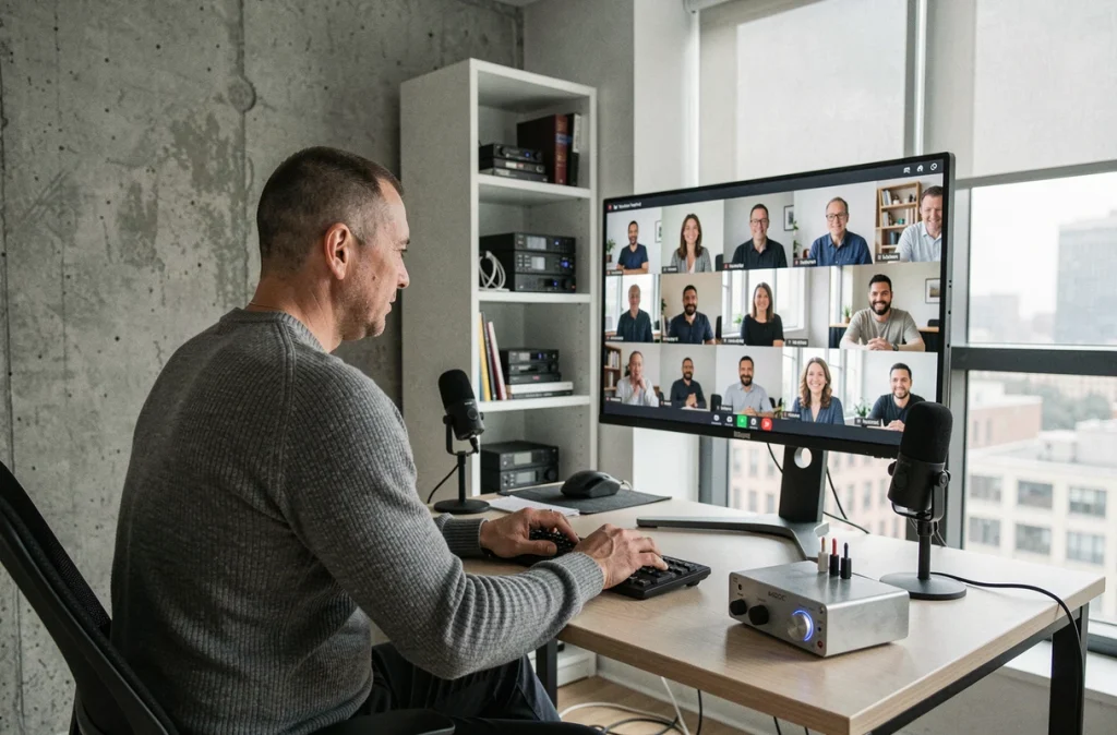 Responsable de postproduction en visioconférence depuis son appartement avec équipement audio professionnel
