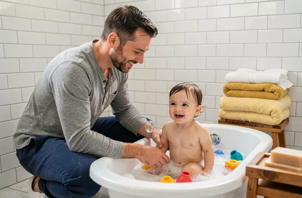 Père donnant le bain à son enfant en bas âge dans une salle de bain familiale lors de la routine du coucher