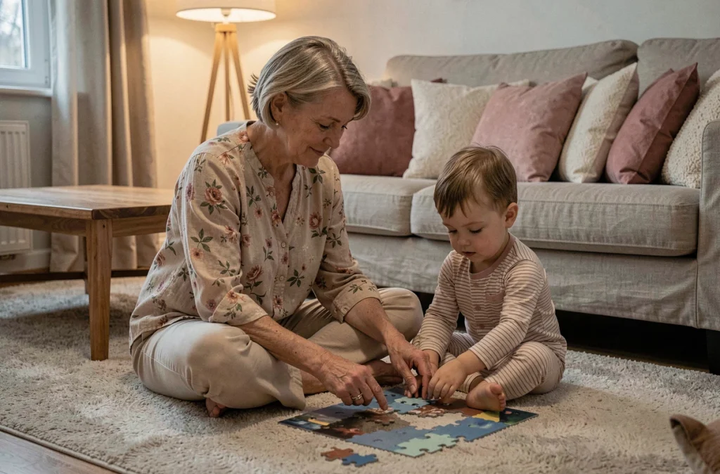 Grand-mère et tout-petit faisant un puzzle ensemble sur le tapis du salon dans le cadre d'une routine du soir calme