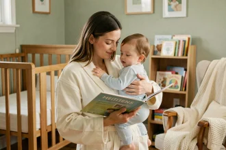 Mère lisant un livre à son tout-petit dans une chambre d'enfant apaisante lors de la routine du soir