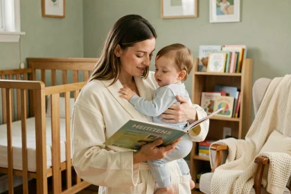 Mère lisant un livre à son tout-petit dans une chambre d'enfant apaisante lors de la routine du soir