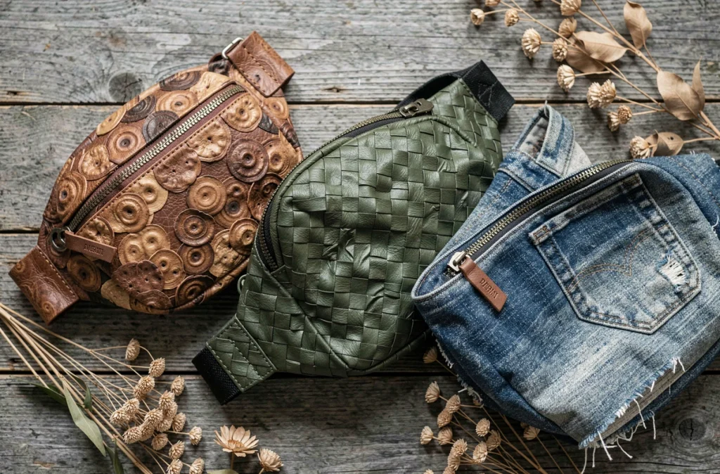 Trois sacs banane innovants en cuir de mycélium, Piñatex ananas et denim recyclé disposés en flat lay sur bois brut avec éléments botaniques secs