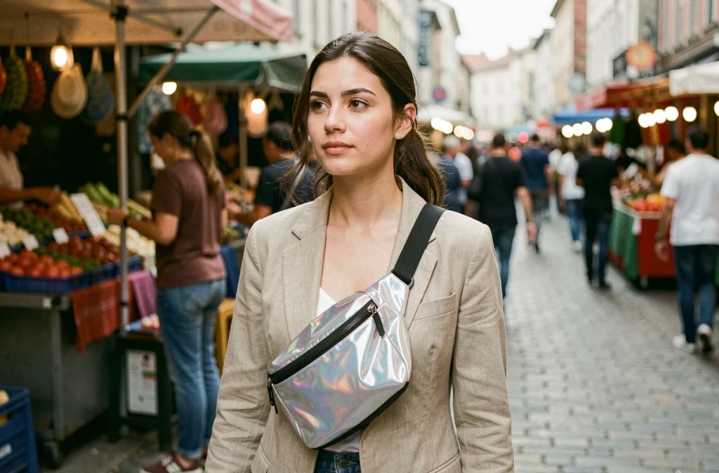Femme portant un sac banane irisé en plastique recyclé océan en bandoulière sur un blazer beige dans un marché urbain animé