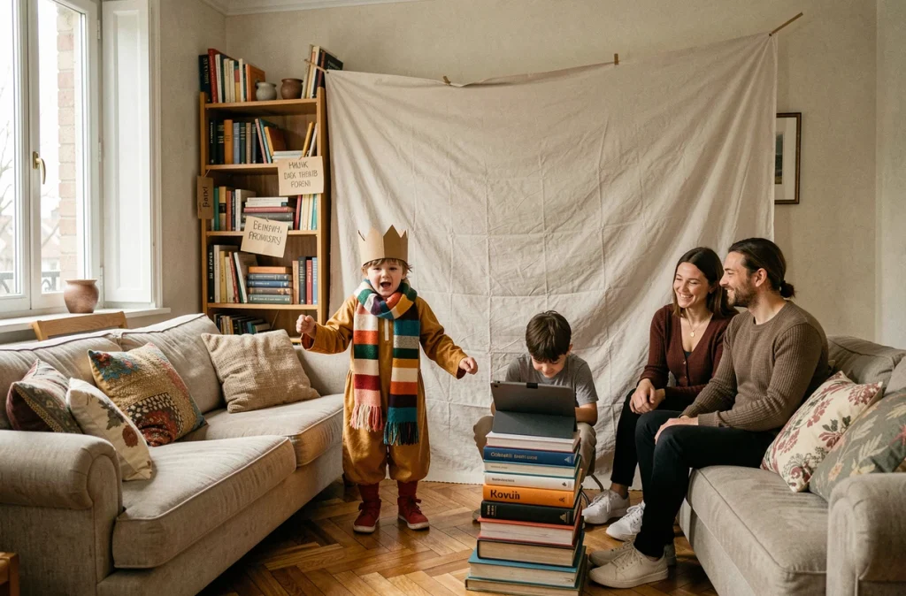 Un enfant en costume improvisé jouant sur scène dans le salon pendant qu'un autre filme sur tablette et que les parents regardent en souriant