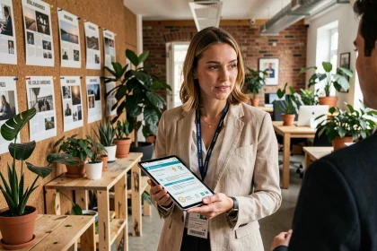 Fondatrice d'une start-up belge de production cinématographique écoresponsable dans un espace de travail durable à Bruxelles