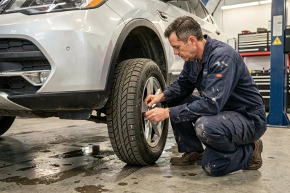 Technicien en garage montant un pneu hiver sur un SUV avant la saison froide