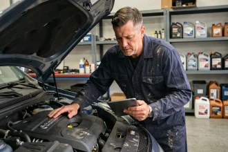 Technicien automobile inspectant un moteur récent dans un atelier professionnel pour évaluer l'impact du carburant E85