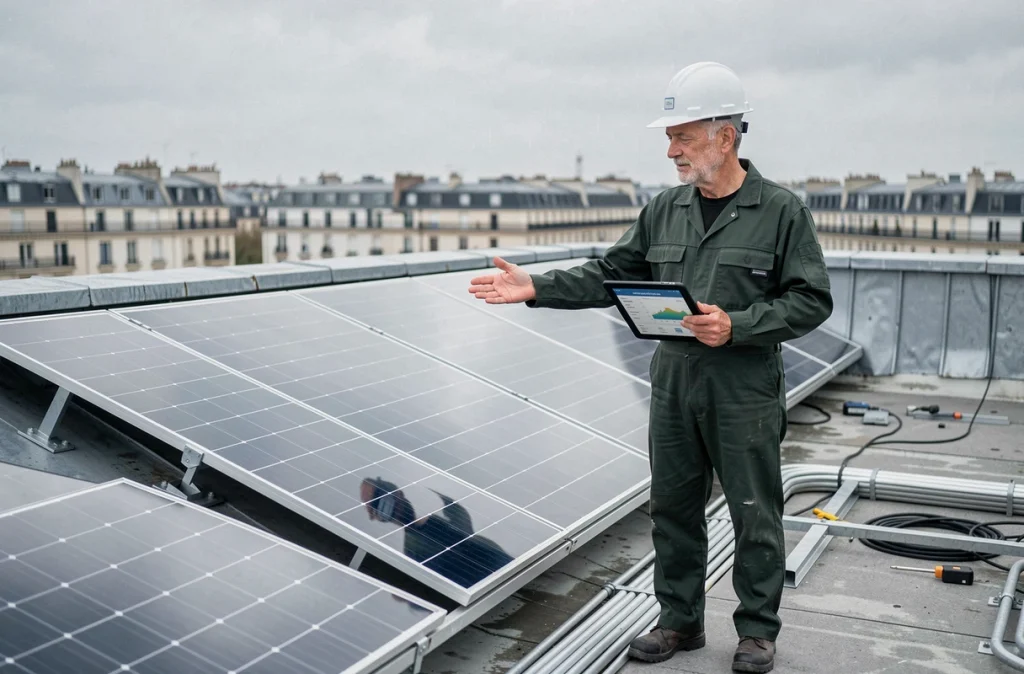 Technicien présentant des panneaux solaires thermiques installés sur un toit dans le cadre d'une rénovation énergétique urbaine