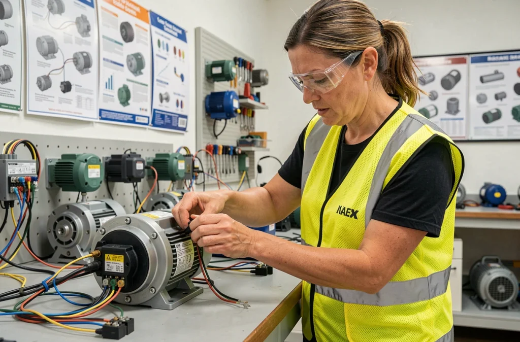 Technicienne électrique câblant un moteur asynchrone triphasé dans un atelier de formation professionnelle