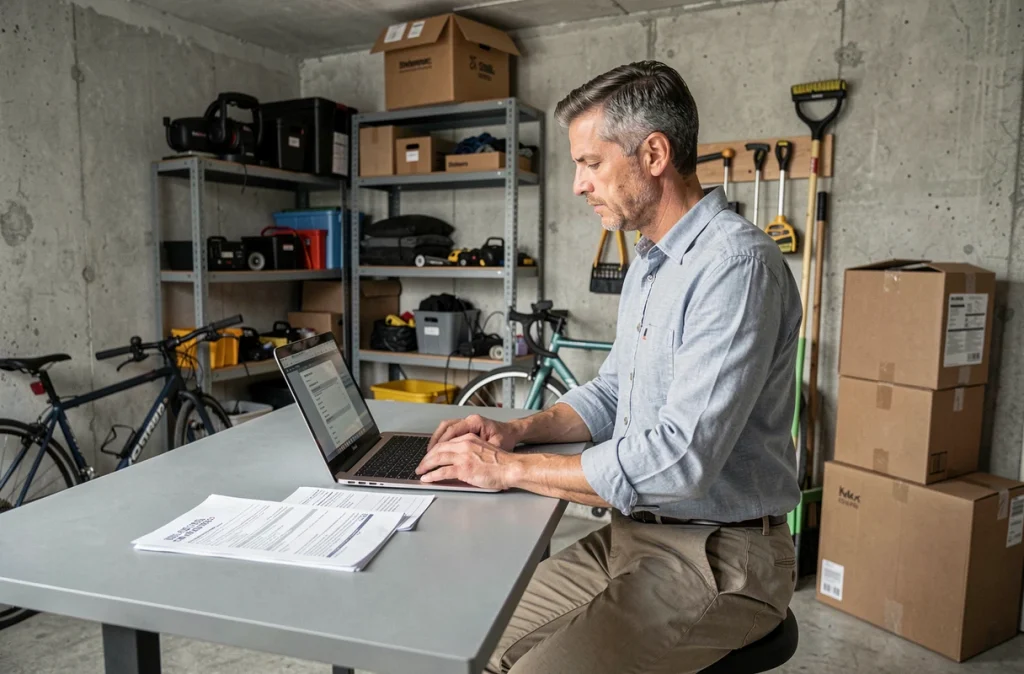Homme travaillant depuis son bureau à domicile aménagé dans un garage et consultant des documents d'assurance habitation