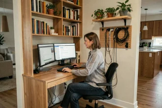 Femme en télétravail dans un coin bureau aménagé dans un appartement avec des étagères intégrées et un bureau en bois sur mesure