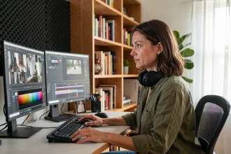 Monteuse vidéo en télétravail devant deux écrans de postproduction dans un bureau à domicile aménagé