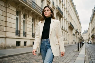 Femme portant une veste oversize crème dans une rue parisienne, look urbain tendance automne-hiver