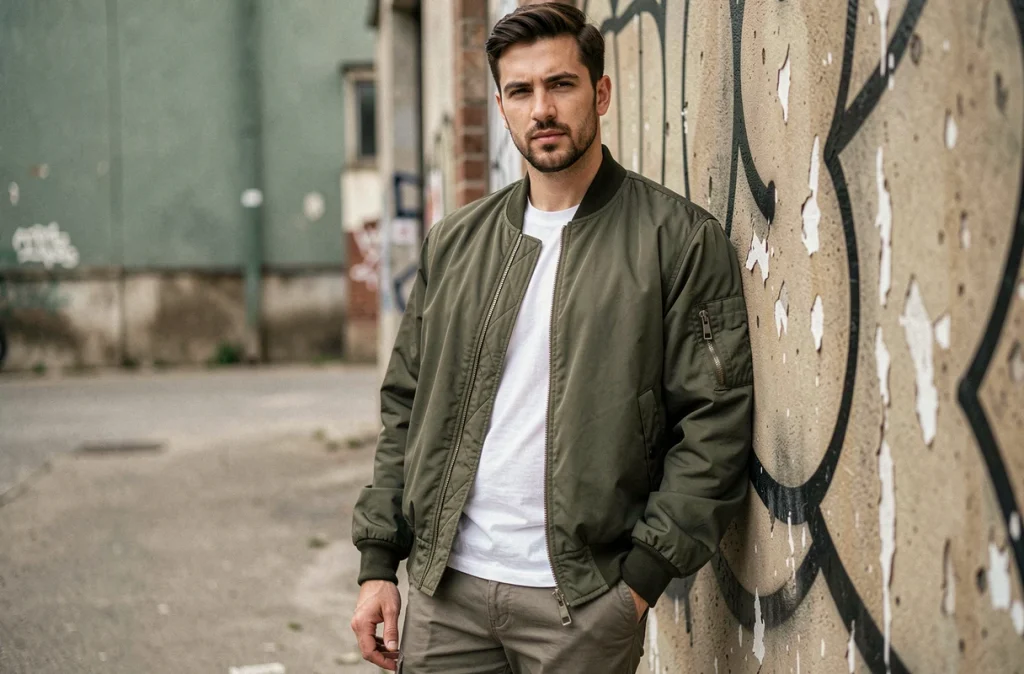 Homme en veste oversize bomber olive appuyé contre un mur de béton graffé, style streetwear urbain