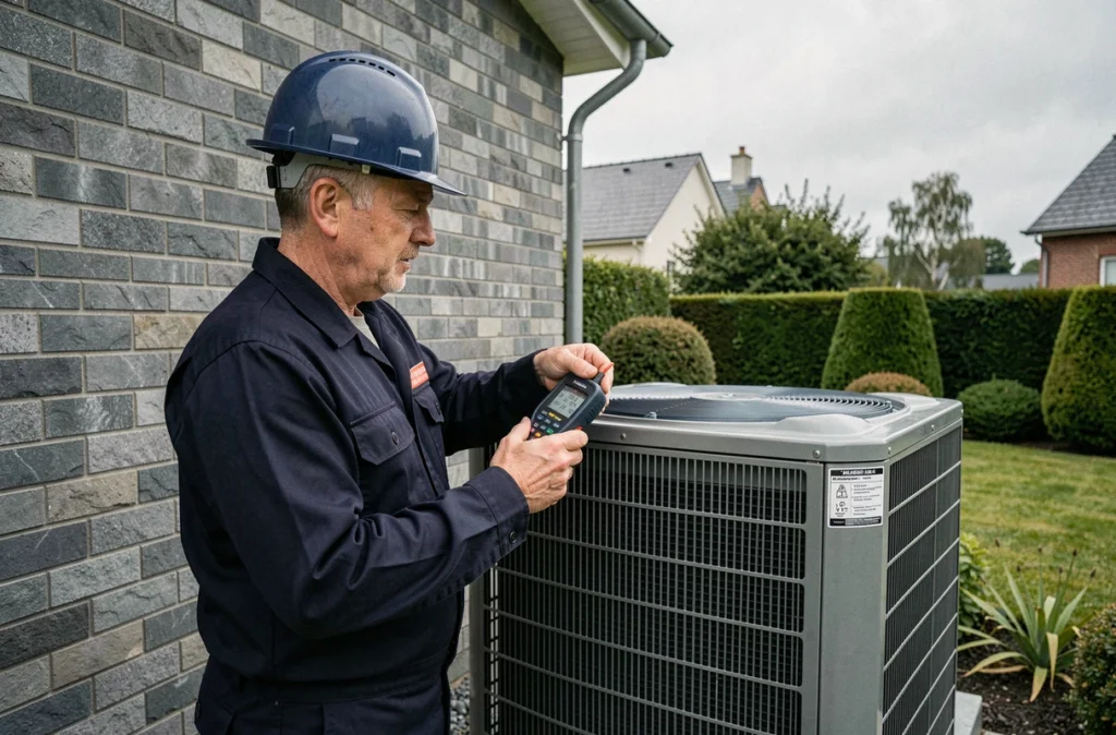 Technicien Accesproenergie inspectant une pompe à chaleur extérieure dans une maison du Pas-de-Calais