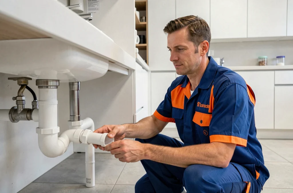 Technicien AD France installant des canalisations PVC sous un évier de cuisine moderne