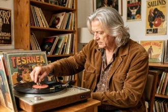 Homme aux cheveux argentés écoutant des vinyles des années 70 sur une platine vintage dans un salon rétro