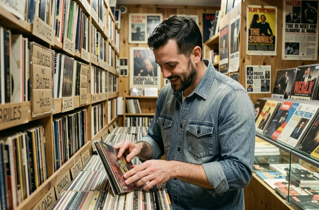Homme cherchant des disques vinyles de chanteurs années 70 dans un magasin de disques indépendant