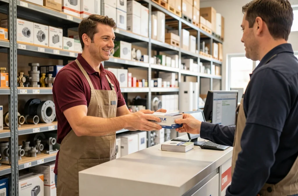Employé Dylan Dort Fournitures De Chau remettant une pièce de chauffe à un artisan au comptoir