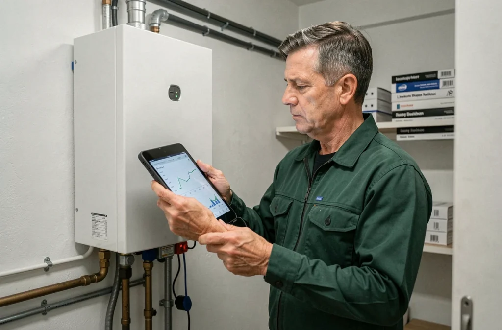 Technicien Eco Chauffage Sanitaire réglant une chaudière à condensation lors d'une visite de maintenance