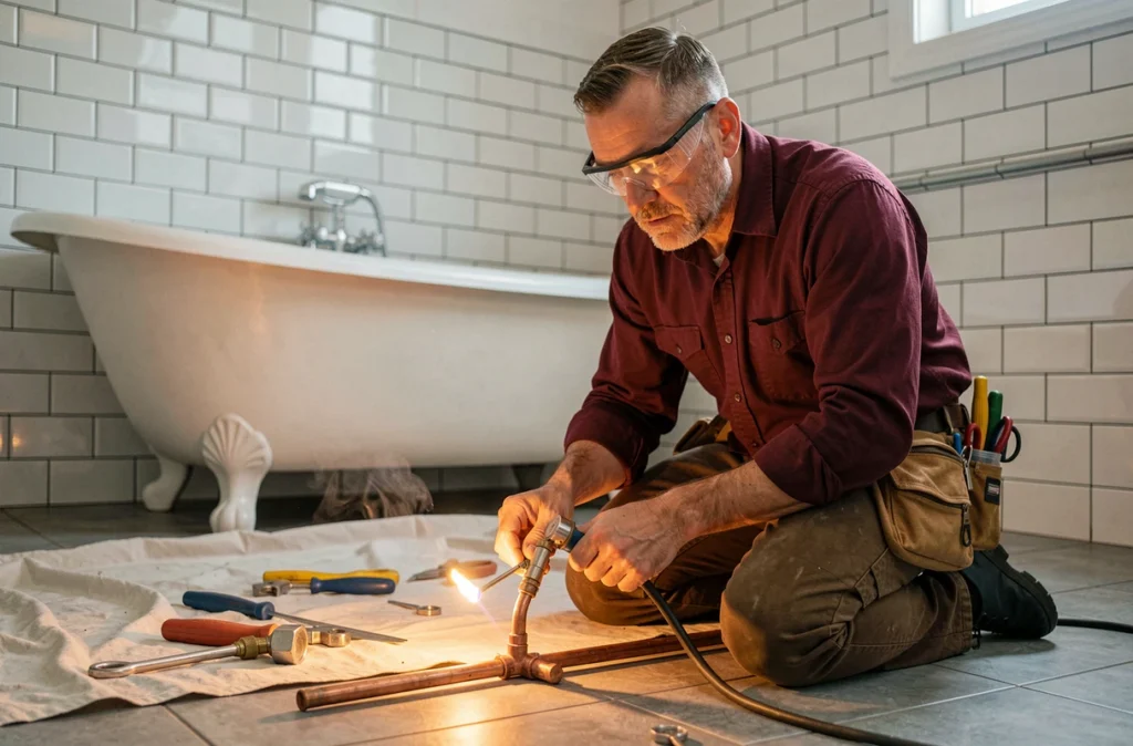 Artisan Etienne Services en train de souder des tuyaux en cuivre dans une salle de bain