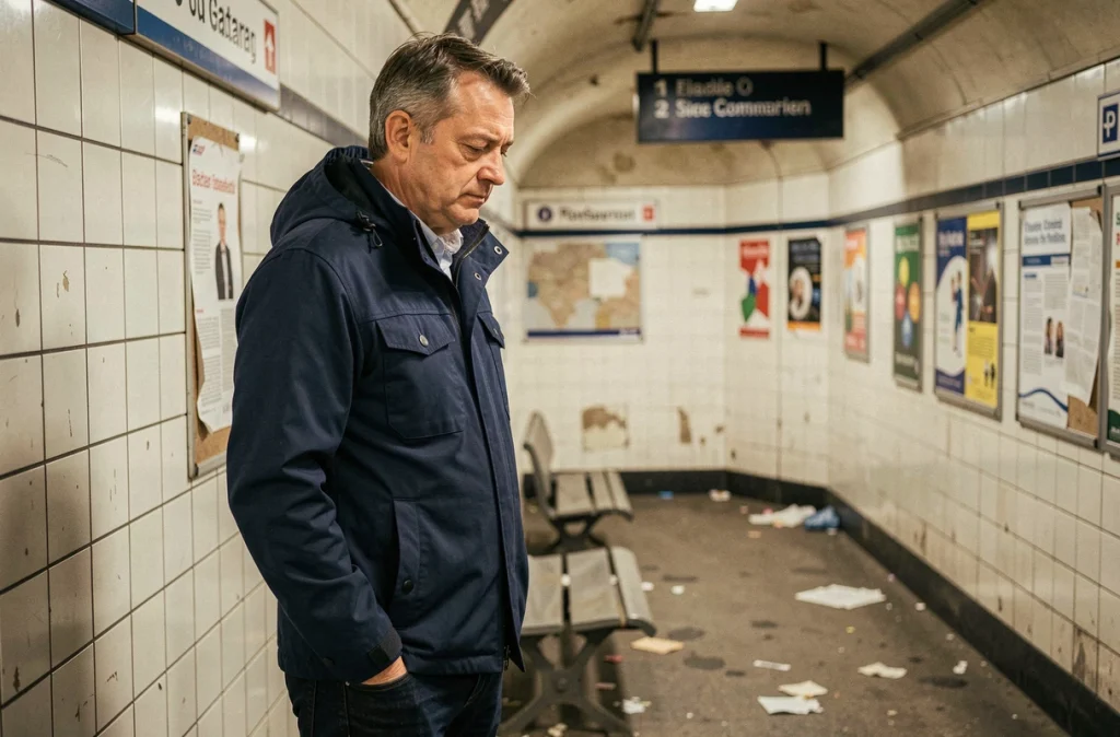 Homme debout près d'une station de métro de banlieue toulousaine avec une architecture urbaine usée en arrière-plan