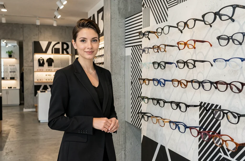 Opticienne d'Identité Visuelle à Grenoble devant un mur de montures avant-gardistes dans une boutique au design graphique affirmé