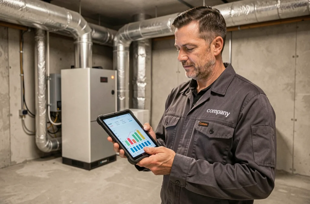 Ingénieur Landru Energie analysant les données énergétiques d'une chaudière à granulés rénovée