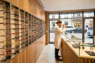 Intérieur d'une boutique d'opticien moderne en Isère avec des présentoirs de lunettes design et un opticien professionnel