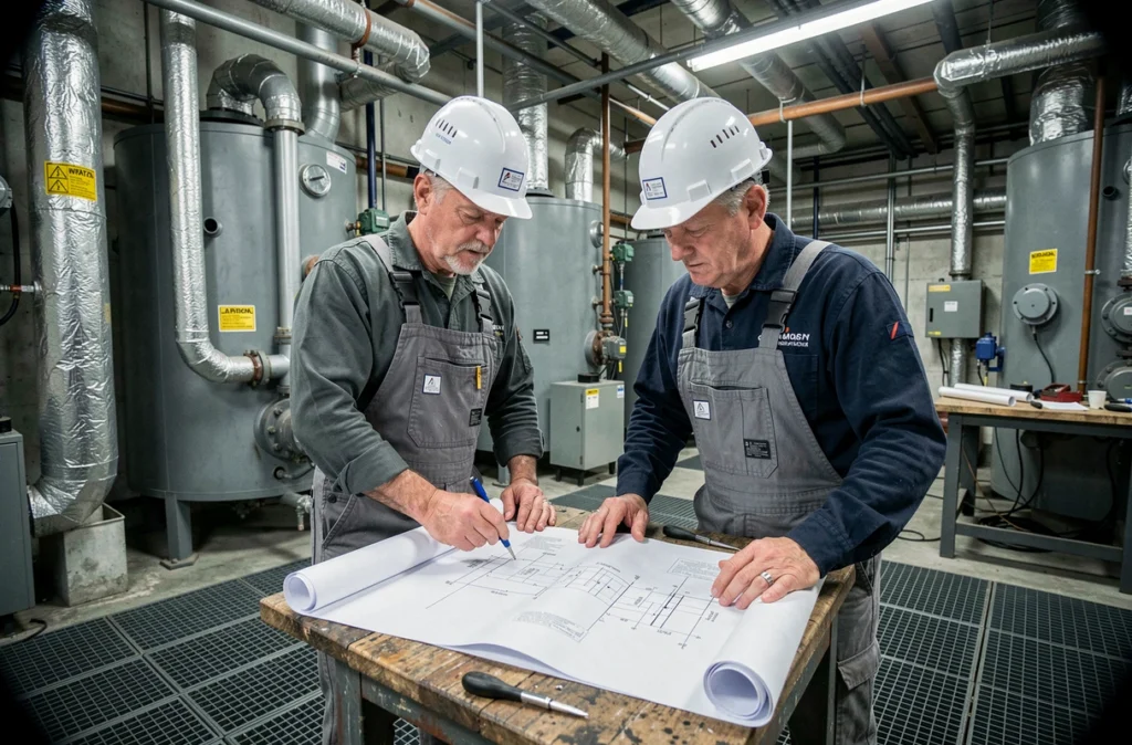 Deux plombiers Milliot Jacquemart consultant des plans techniques dans une chaufferie