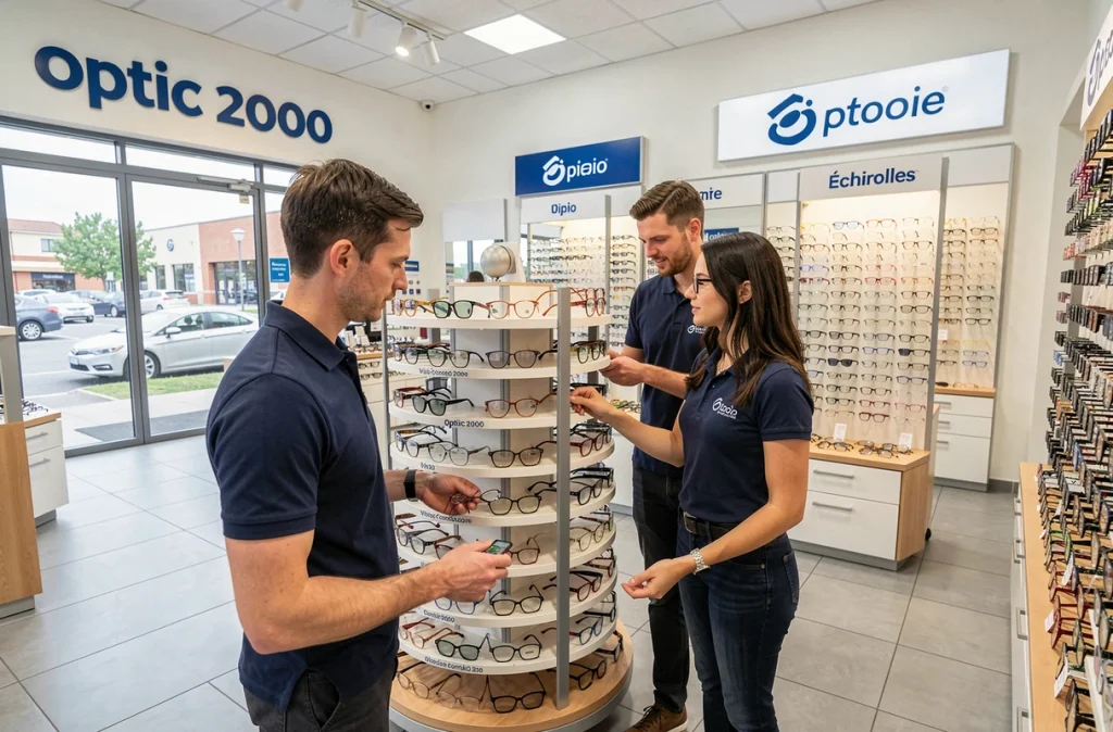 Opticien Optic 2000 Visio Comboire à Échirolles aidant une cliente à choisir parmi un large présentoir de montures en grande surface commerciale