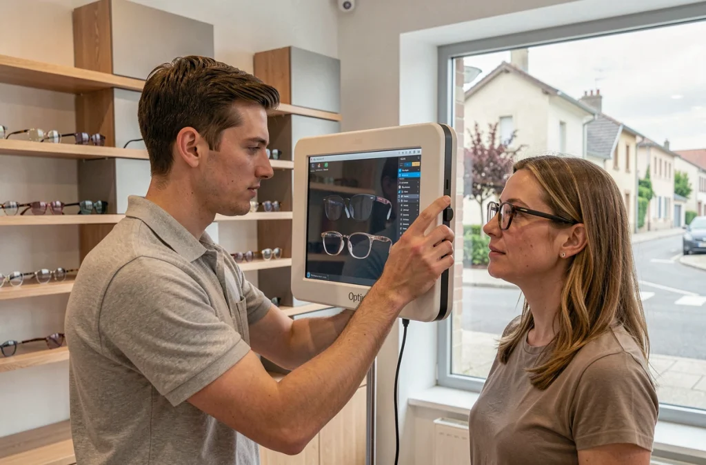 Opticien d'Optique Perspectives à Crolles utilisant un écran d'essayage numérique pour conseiller une cliente