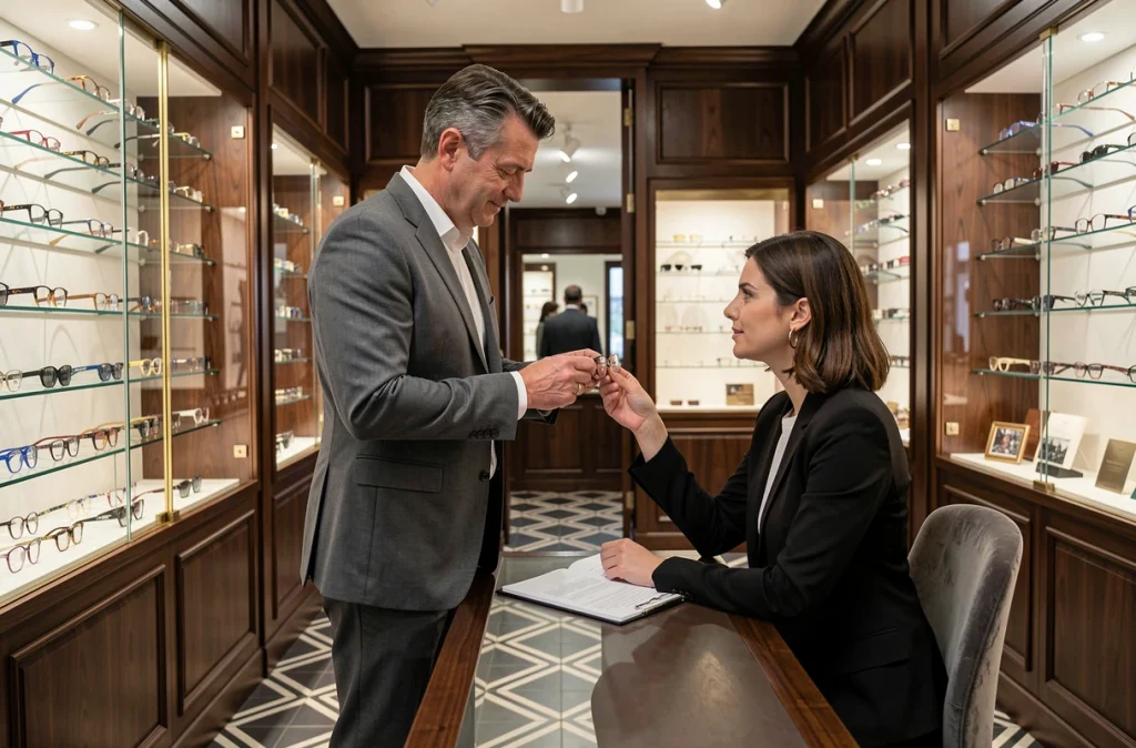 Opticien chez Oscar Opticiens à Grenoble présentant des montures haut de gamme à une cliente dans un cadre Art Déco raffiné