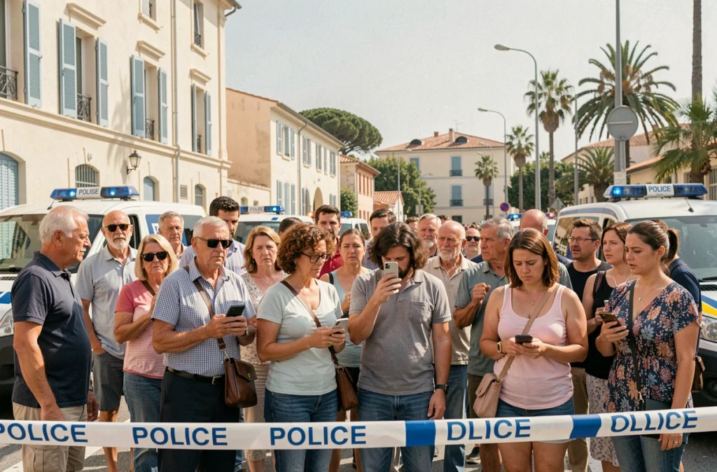 Parents et riverains inquiets rassemblés derrière un cordon de police près d'une école à Cannes