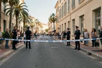 Périmètre de sécurité établi par la police près d'une école à Cannes après un incident grave