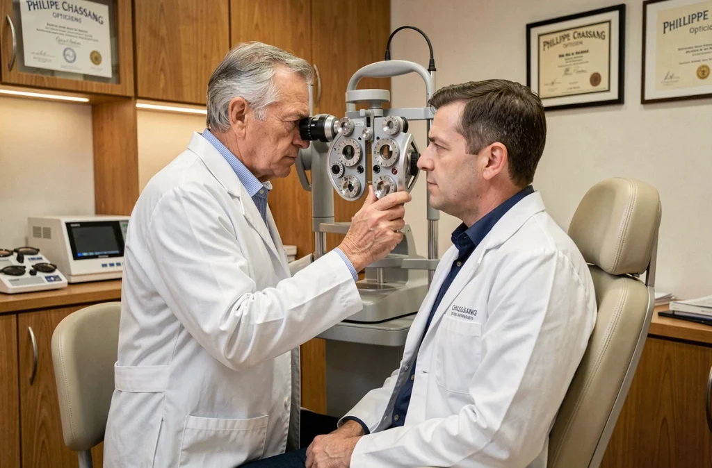 Opticien de Philippe Chassang réalisant un examen de vue avec un phoropter moderne dans un cabinet professionnel à Grenoble
