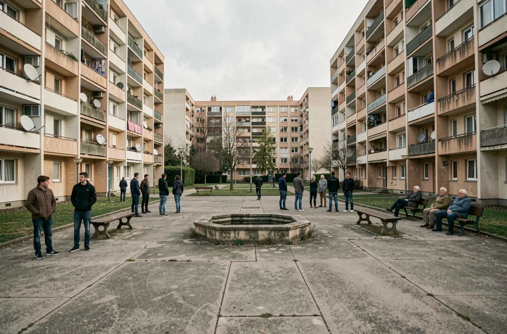 Place centrale d'un quartier HLM de Toulouse avec des tours résidentielles et des habitants dans un espace public dégradé