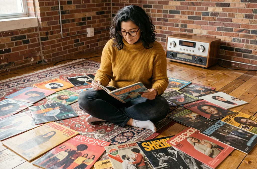 Femme constituant une playlist culte des chanteurs des années 70 entourée de pochettes de disques vinyles vintage