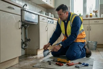 Plombier d'urgence en intervention sous un évier dans une maison du Pas-de-Calais