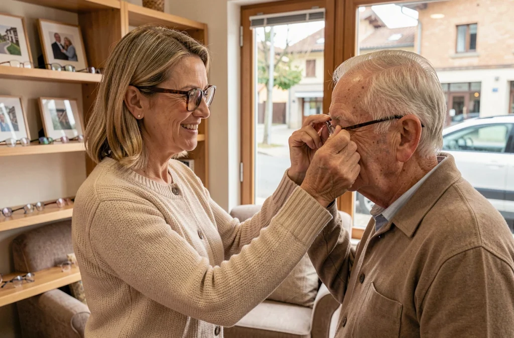 Opticienne d'Un Regard Nouveau à La Tronche aidant un client senior à essayer des lunettes de lecture dans une boutique chaleureuse