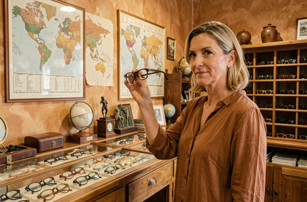 Opticienne de Vision d'Ailleurs à Grenoble présentant des montures artisanales dans une boutique à l'ambiance voyage et multiculturelle
