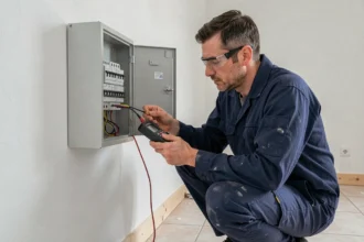 Électricien professionnel inspectant un tableau électrique dans une maison de la Somme