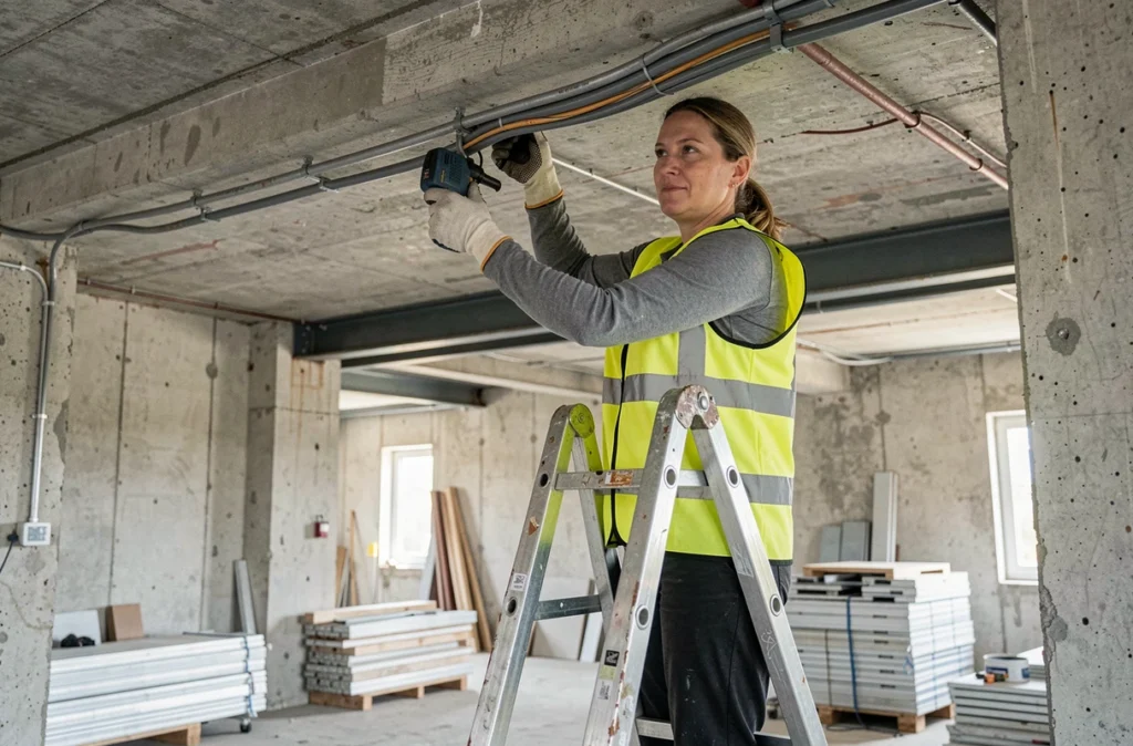 Électricienne professionnelle posant des conduits électriques dans un bâtiment commercial de la Somme
