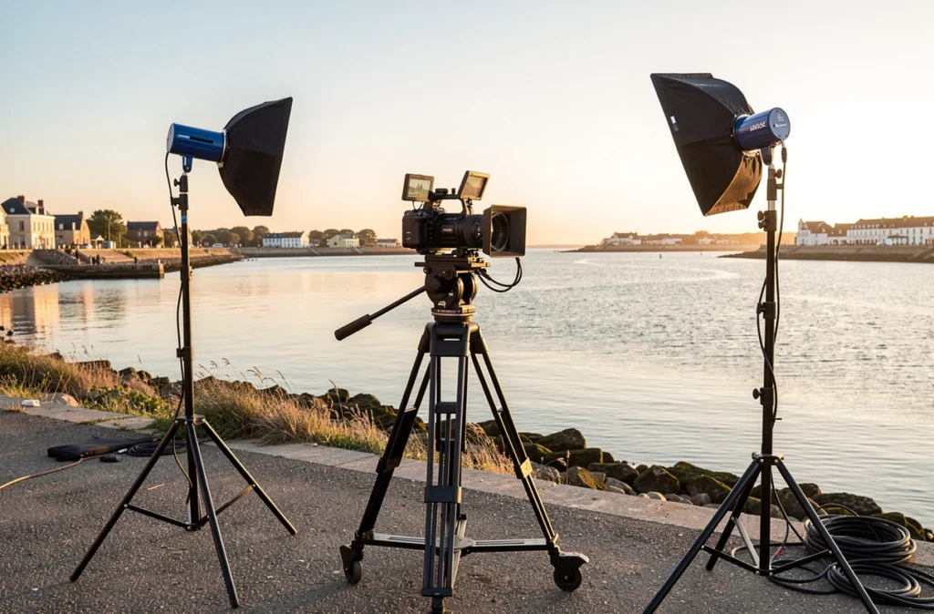 Matériel de cinéma installé au bord du bassin d'Arcachon